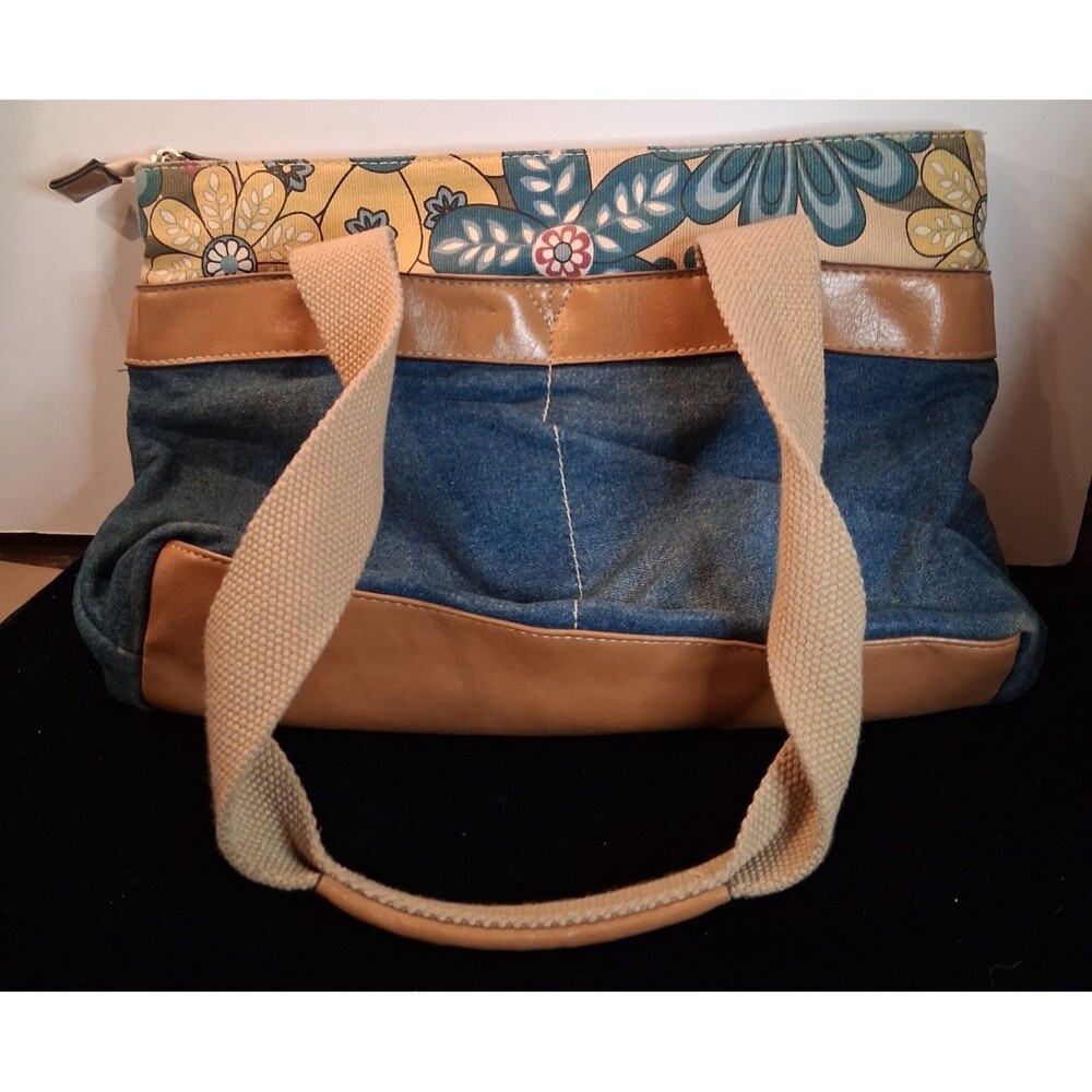 Rosetti denim tote bag floral upper trim tan leather accents